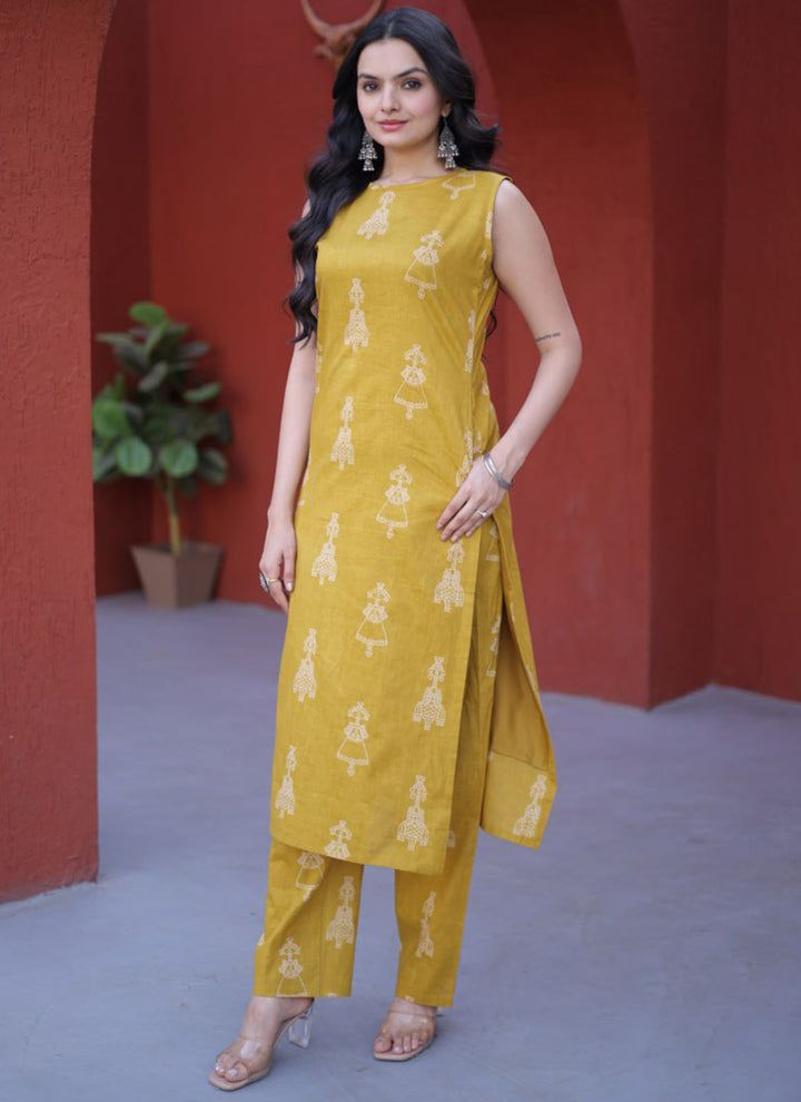 Yellow Cotton Folk Art Printed Outwear Kurti And Pant