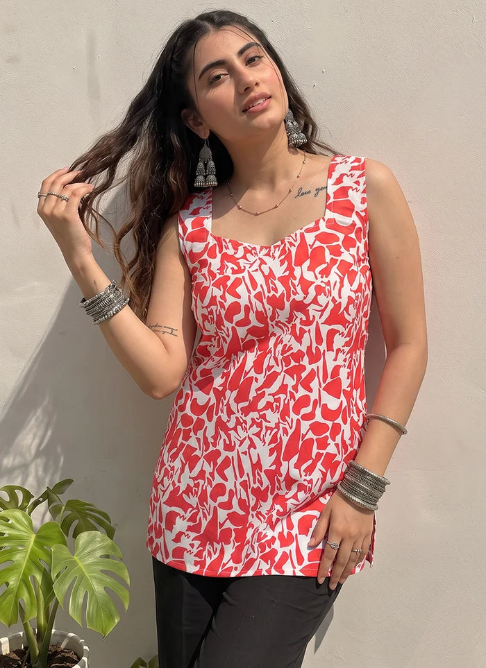 Red And White Cotton Printed Sleeveless Kurti