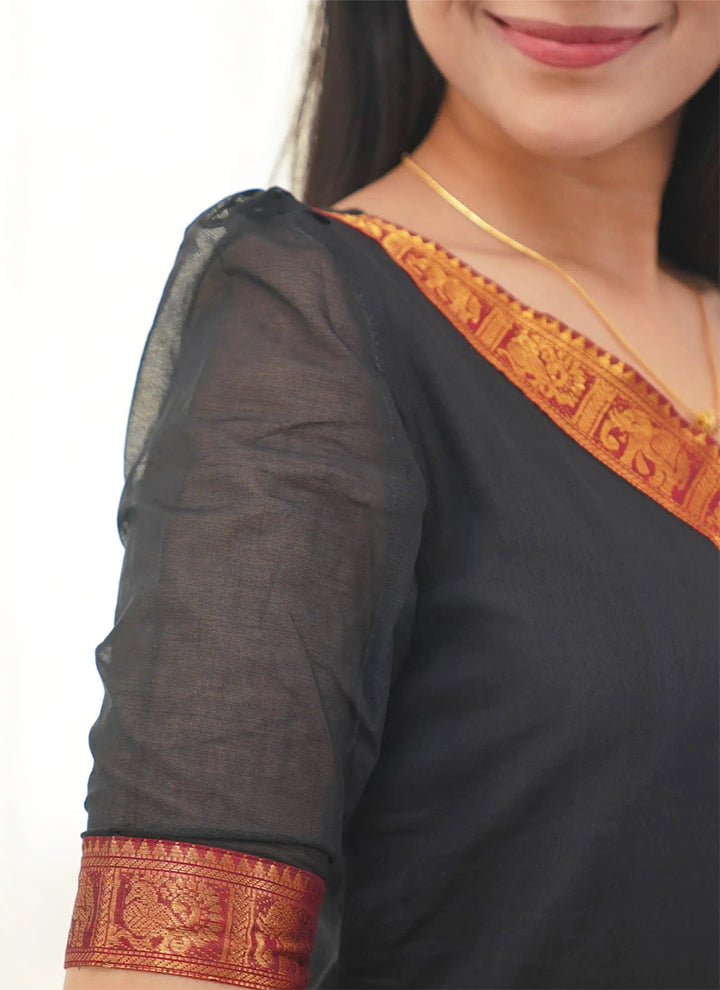 Black Kanchi Cotton Woven V-Neck Casual Kurta And Dupatta