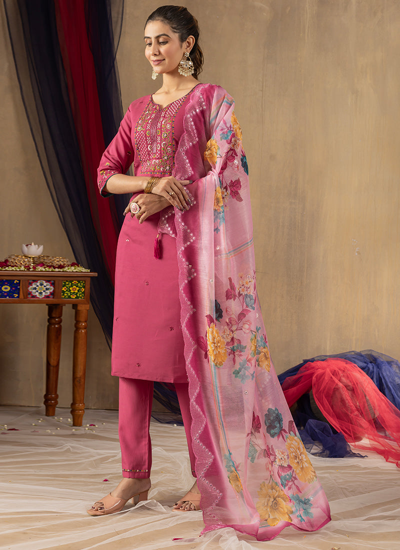 Pink Thread Work Roman Silk Salwar Set For Festive