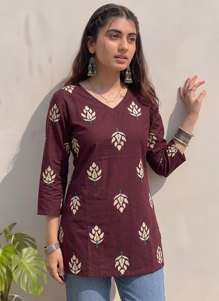 Wine Cotton Floral Printed Office Wear Kurti