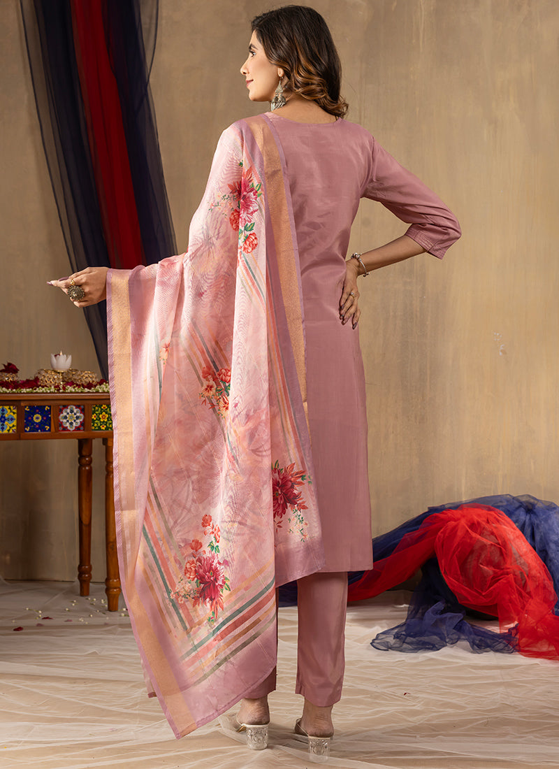 Onion Pink Shimmer Silk Embroidered Kurta Set For Ceremonial