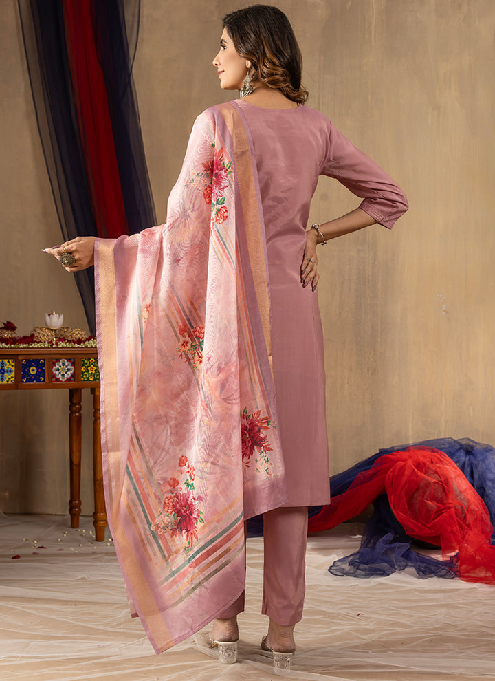 Onion Pink Shimmer Silk Embroidered Kurta Set For Ceremonial