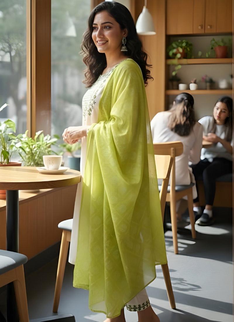 White Thread Embroidered Rayon Straight Kurta Set