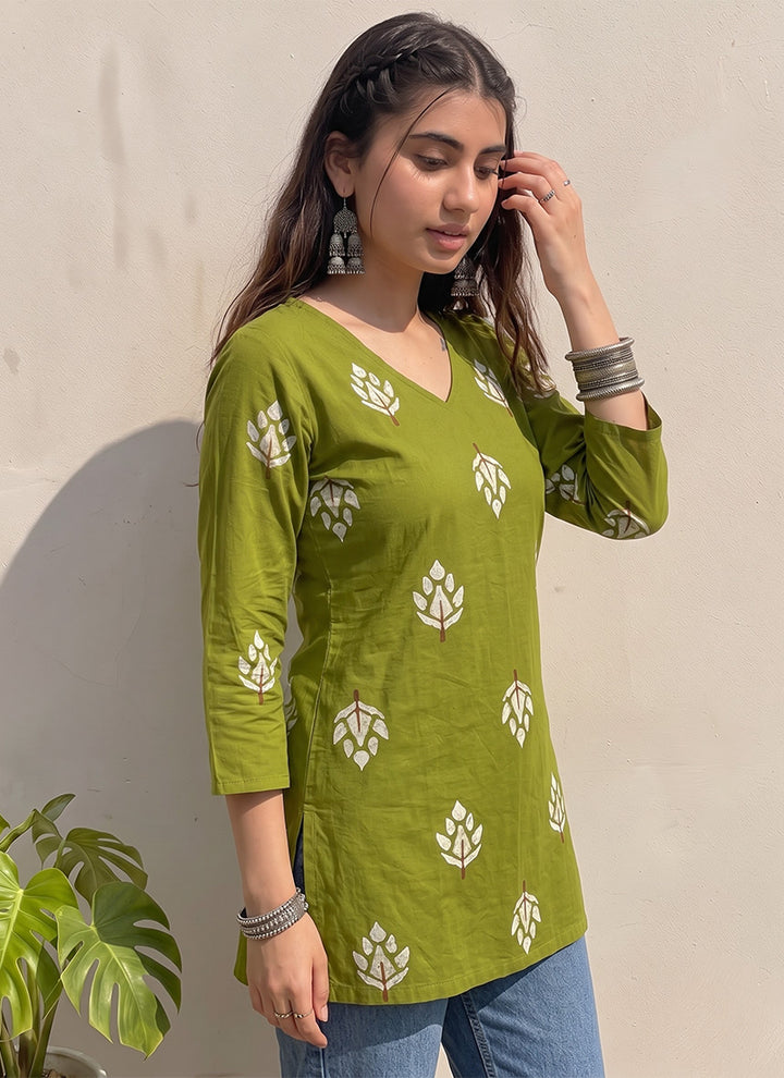 Green Cotton Printed V Neck OutWear Kurti
