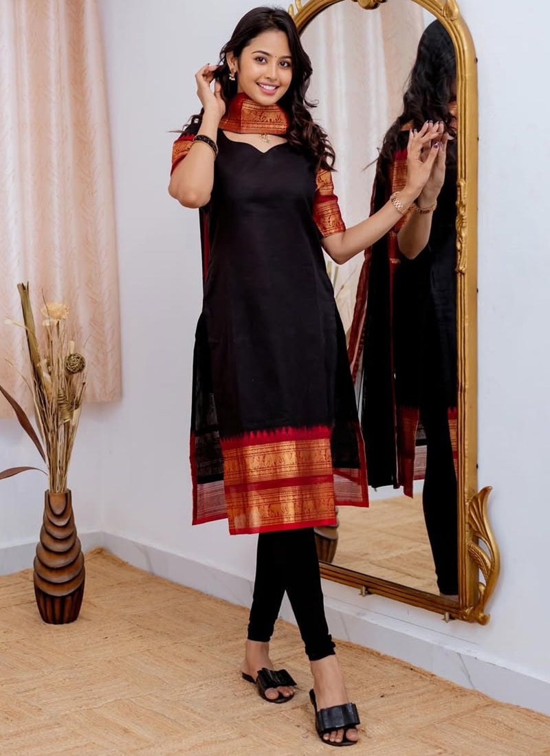 Kanchi Cotton Black Weaving Casual Kurta And Dupatta