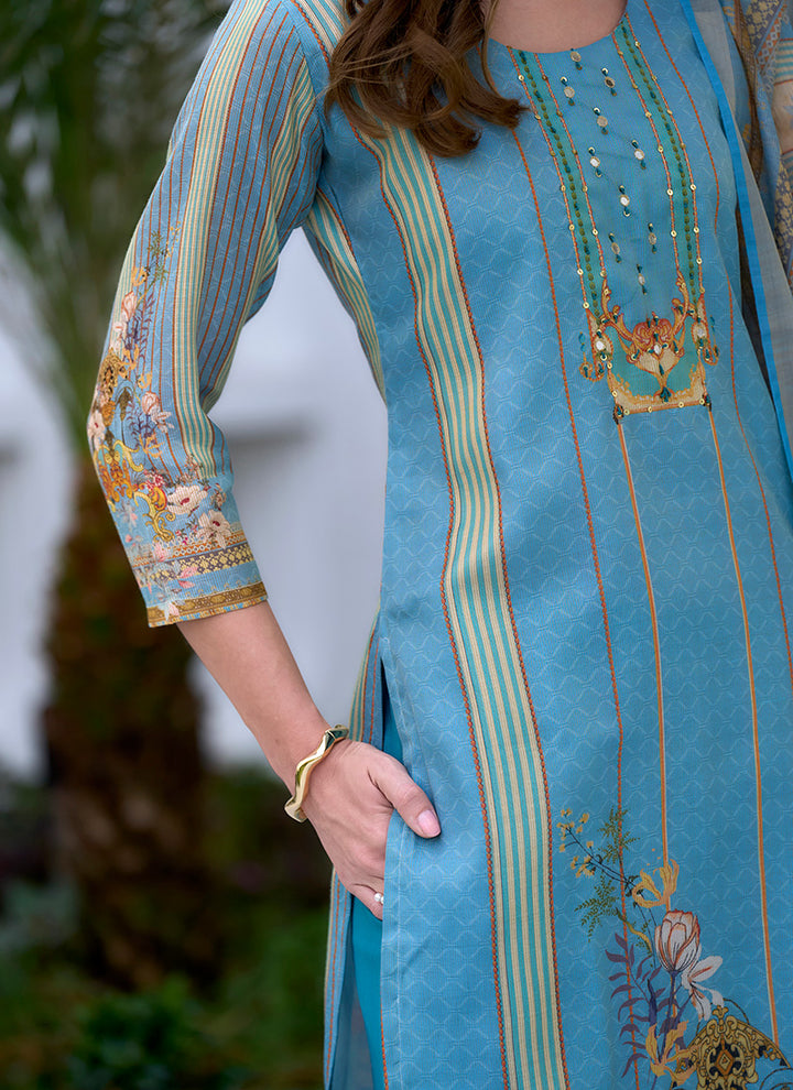 Sky Blue Silk Blend Printed Kurta Set For Festive