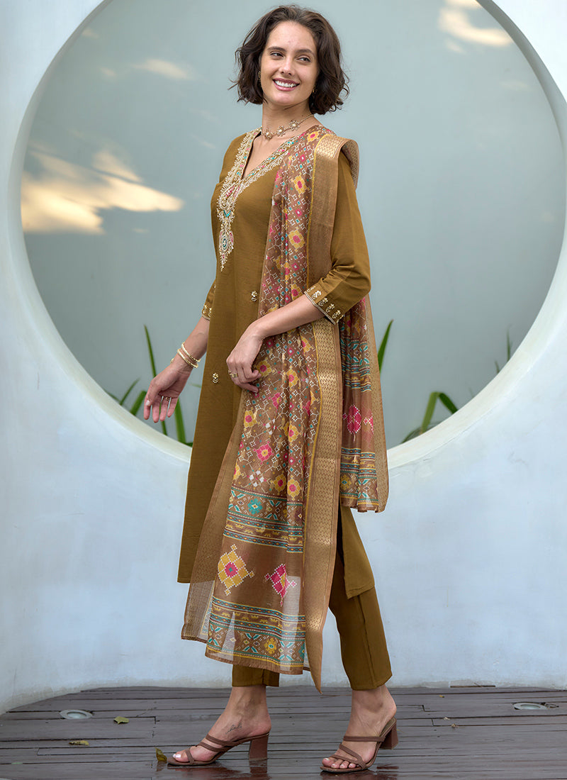 Khaki Yellow Vatican Embroidered Kurta Set With Dupatta