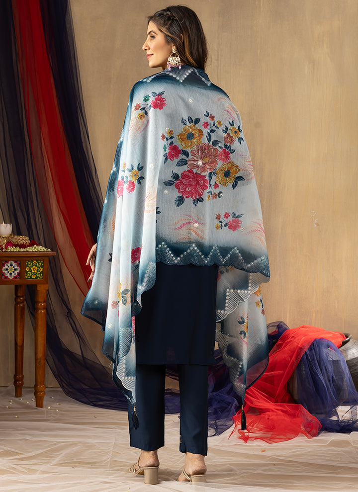 Blue Viscose Silk Thread Embroidered Kurta Set