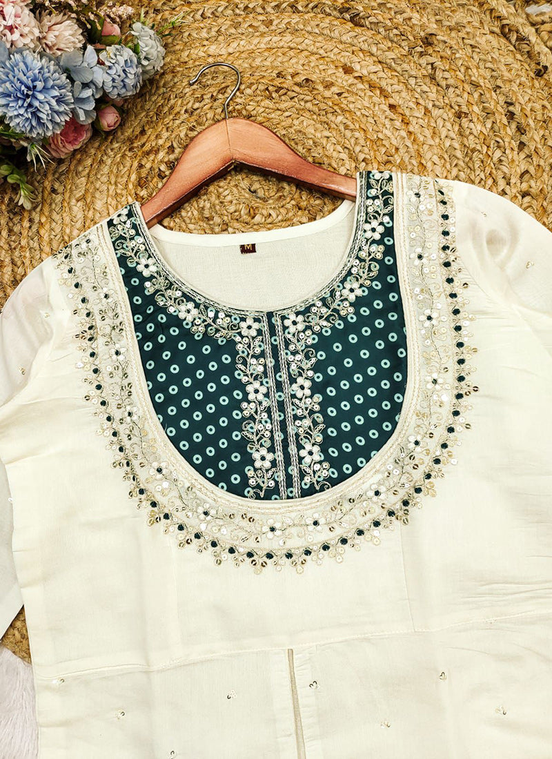 Off White And Green Embroidered Kurta With Palazzo Pant