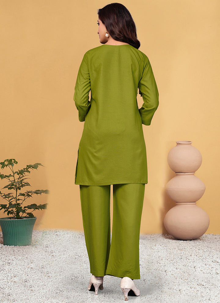 Green Viscose Rayon Embroidered Cord Set