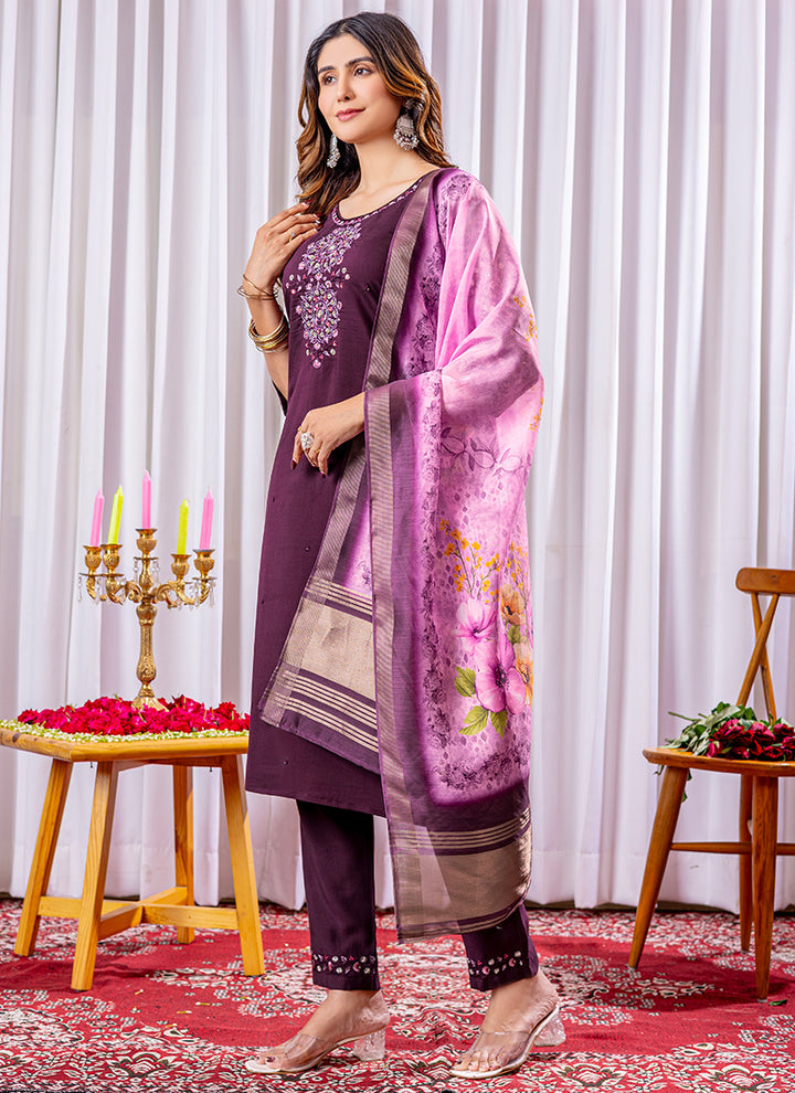 Wine Viscose Silk Embroidered Salwar Set For Festive