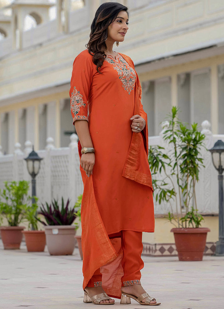 Orange Roman Silk Embroidered Kurta Set For Festive
