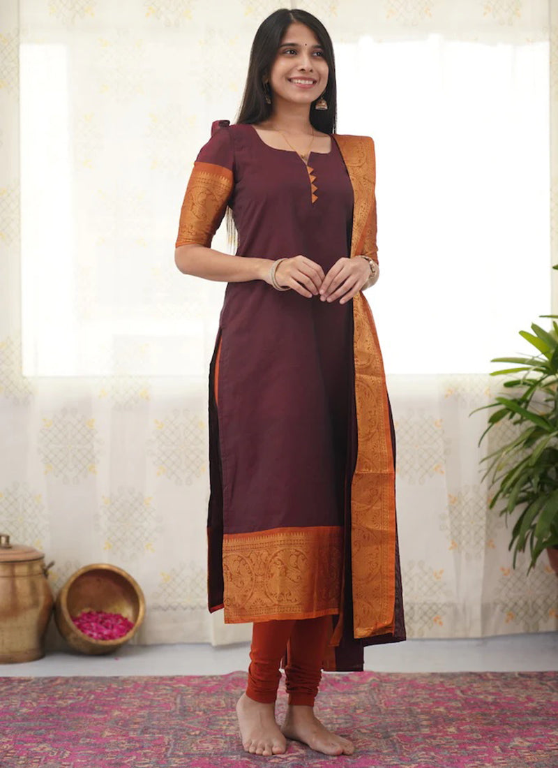 Wine Kanchi Cotton Woven Kurta And Dupatta For Casual Wear