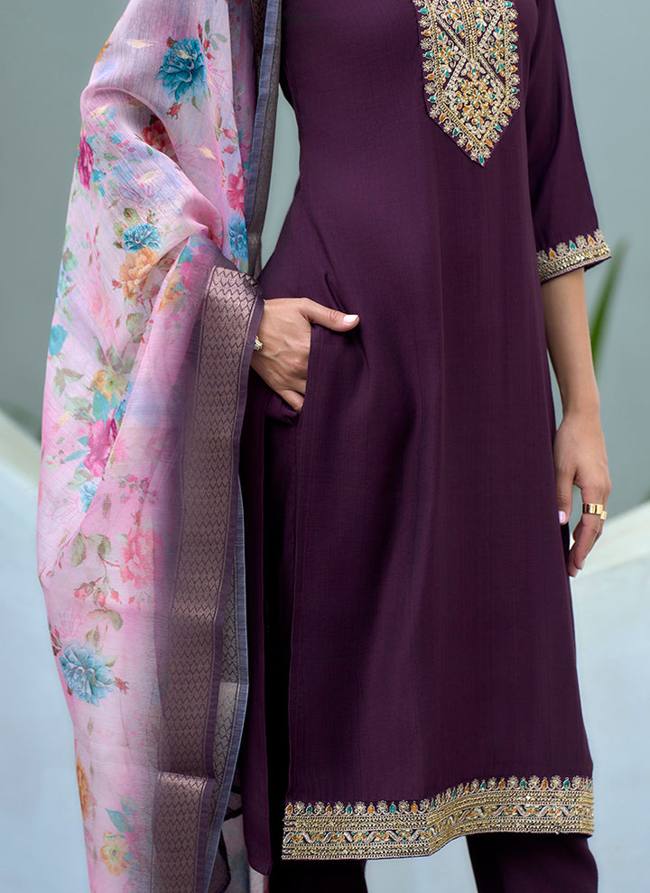 Wine Embroidered Straight Kurta Set With Dupatta
