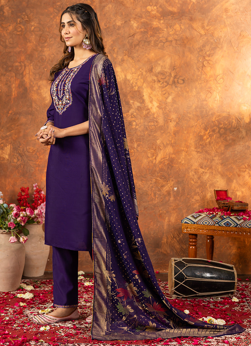 Purple Marina Silk Embroidered Kurta Set