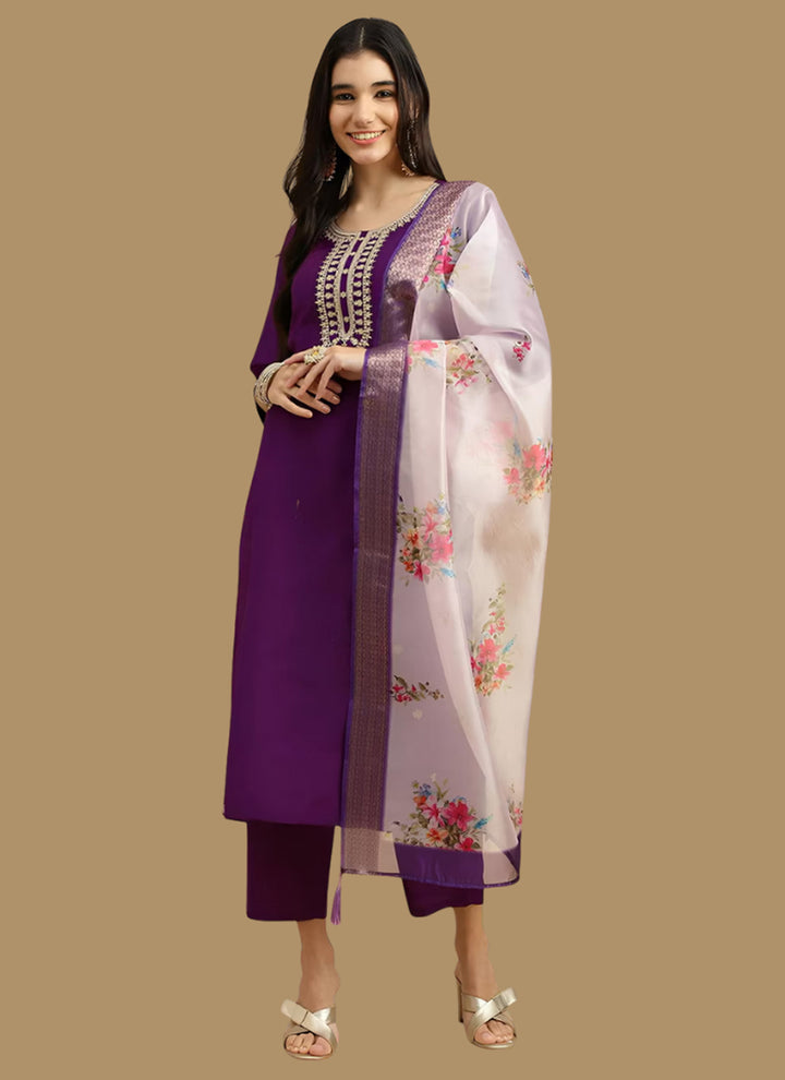 Purple Rayon Embroidered Straight Kurta Set