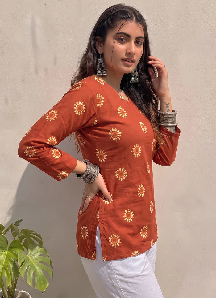 Orange Flower Printed Cotton V Neck Kurti