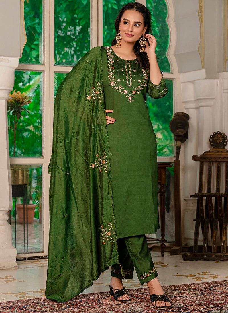 Marina Silk Green Thread Work Festive Kurta Set