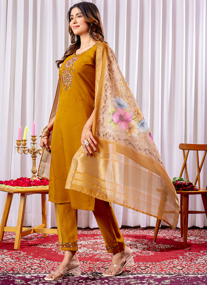 Mustard Thread Work Viscose Silk Kurta Set