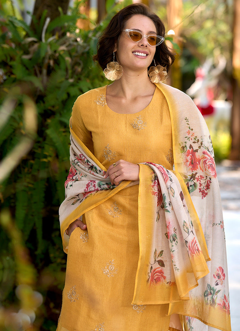 Yellow Tissue Kurta With Trouser And Dupatta