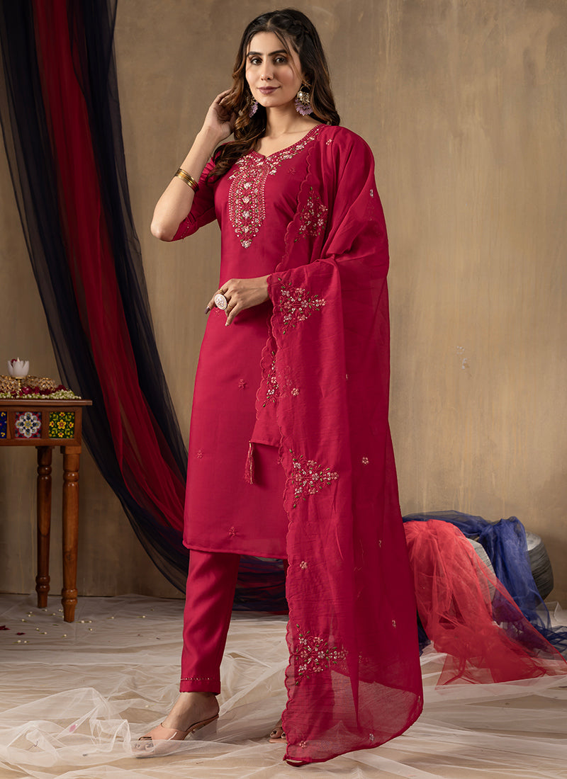 Rani Pink Roman Silk Thread Embroidered Kurta Set
