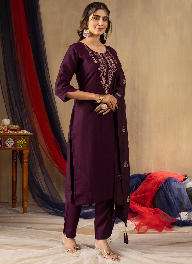 Wine Viscose Thread Embroidered Kurta Set