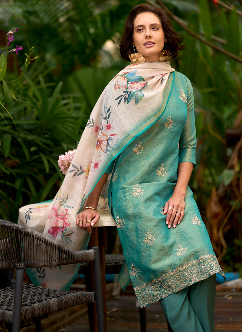 Sea Green Tissue Kurta With Trouser And Dupatta