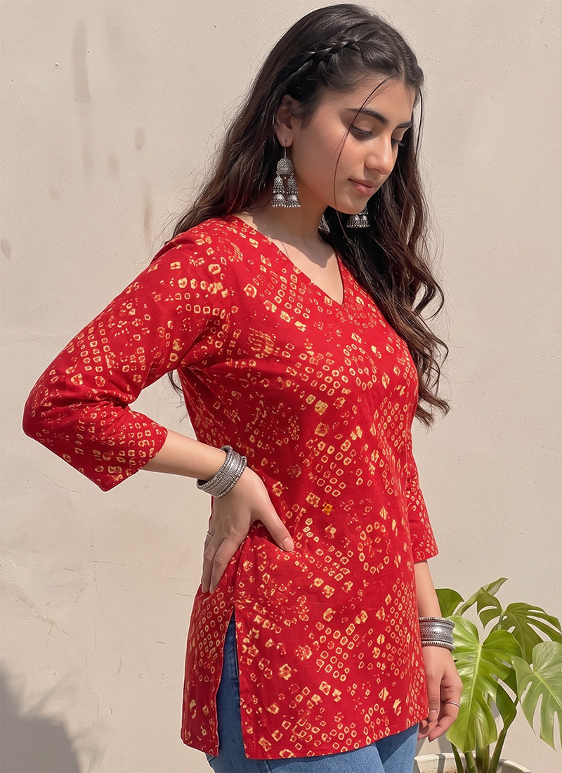 Red Cotton Bandhej Printed Outwear Kurti