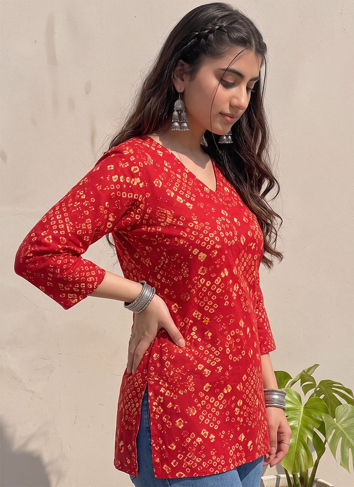 Red Cotton Bandhej Printed Outwear Kurti