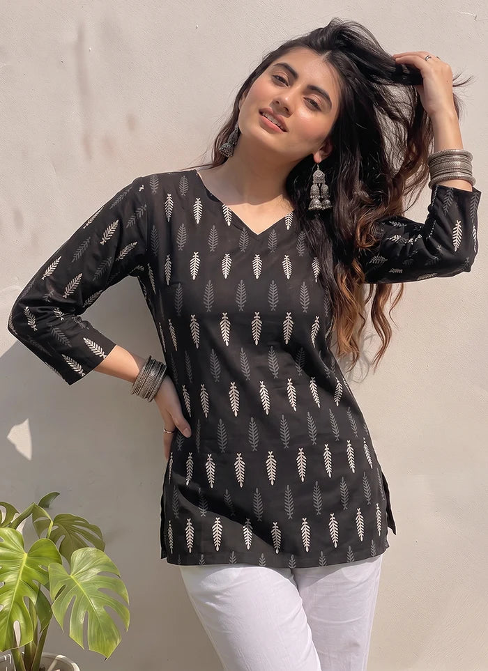 Black Cotton Printed V Neck Office Wear Kurti
