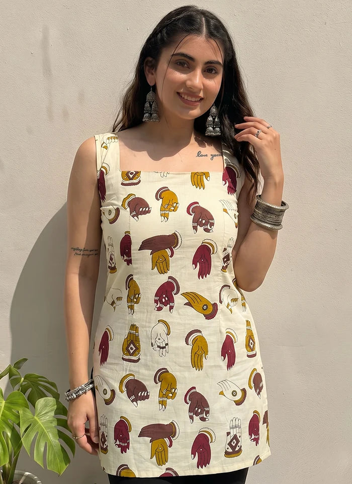 Cream Cotton Sleeveless Outwear Kurti