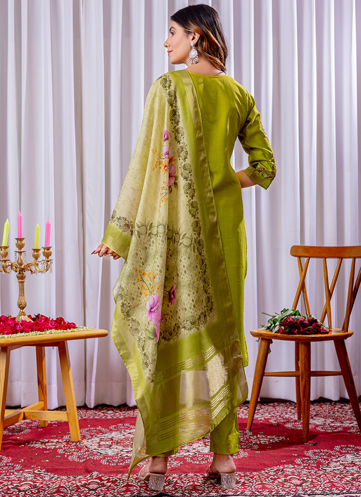 Parrot Green Viscose Silk Salwar Set For Festive