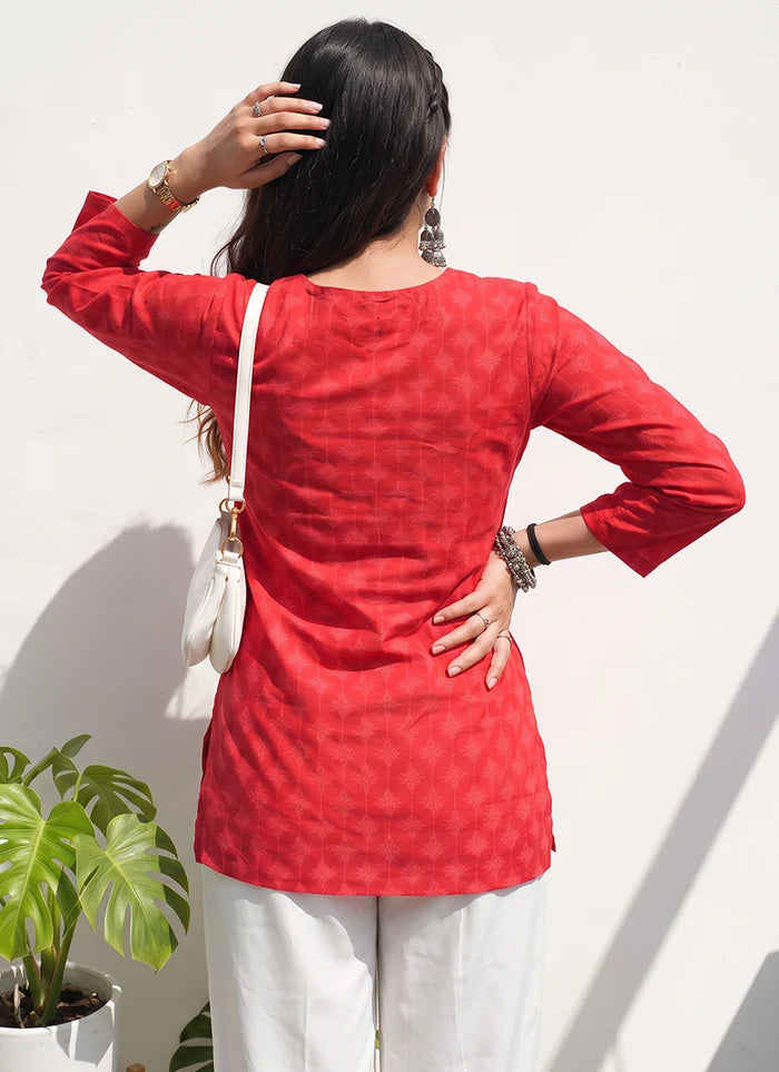 Red Cotton Printed V Neck Officewear Kurti
