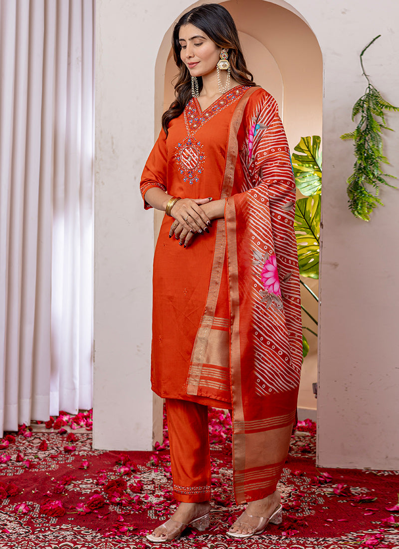 Orange V-Neck Viscose Silk Embroidered Salwar Suit