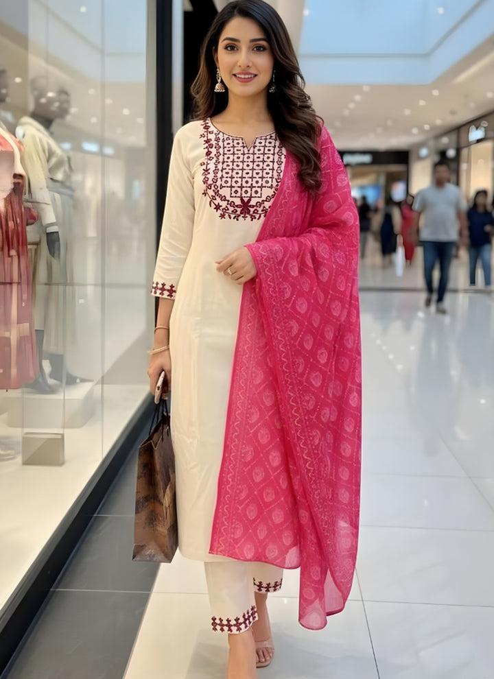 White Rayon Embroidered Straight Kurta Set