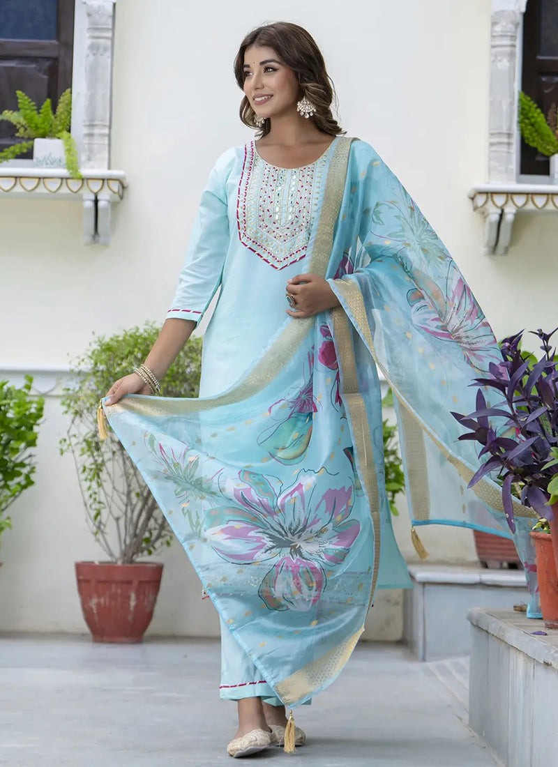 Aqua Blue Cotton Embroidered Festive Wear Kurta Set