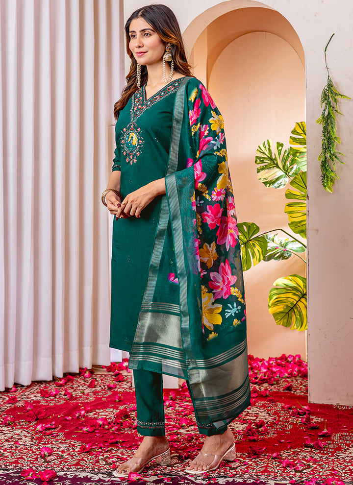 Green Viscose Silk V-Neck Embroidered Salwar Suit
