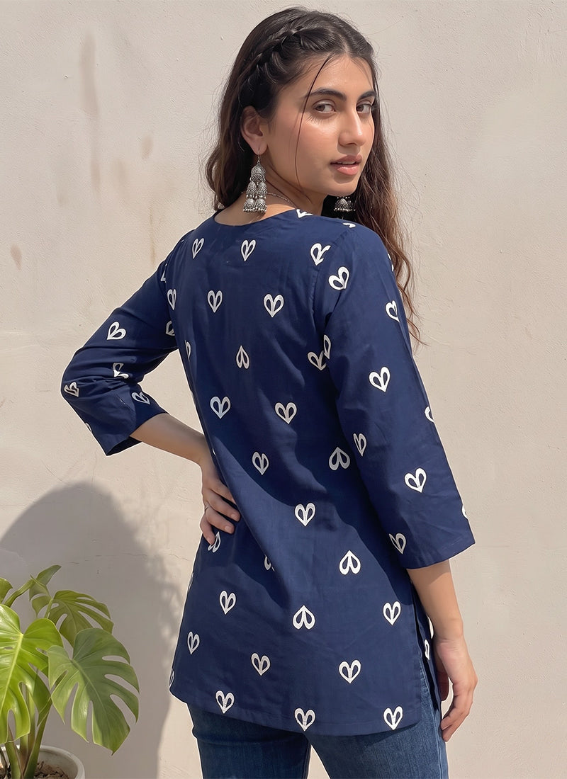 Blue Cotton Printed Office Wear Kurti