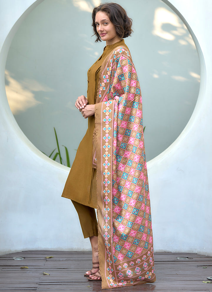 Mustard Vatican Straight Kurta Set With Printed Dupatta