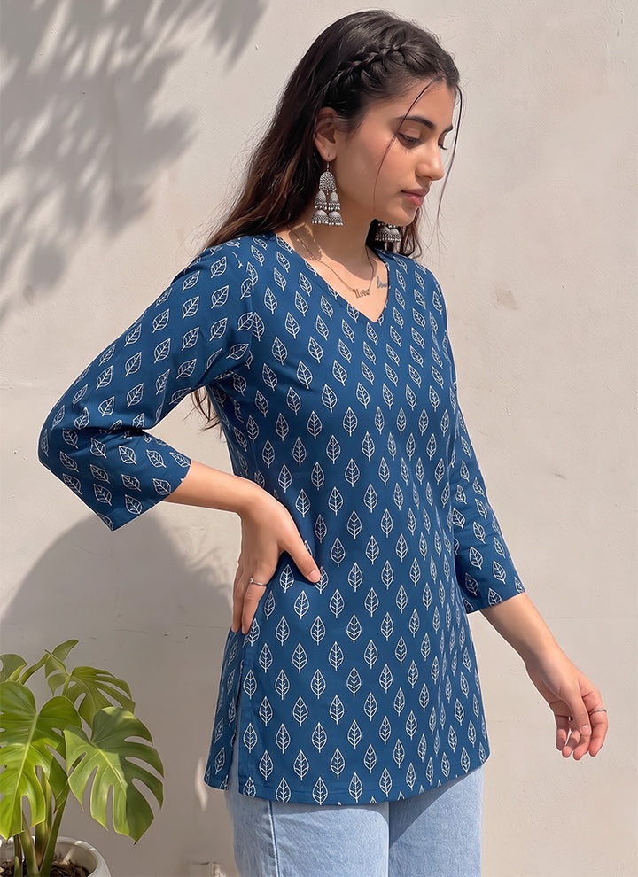 Teal Blue Cotton Floral Printed Outwear Kurti