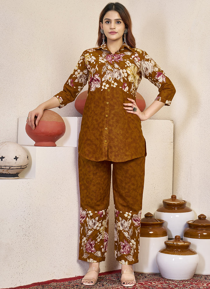 Cotton Brown Flower Printed Cord Set For Outwear