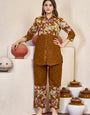 Cotton Brown Flower Printed Cord Set For Outwear