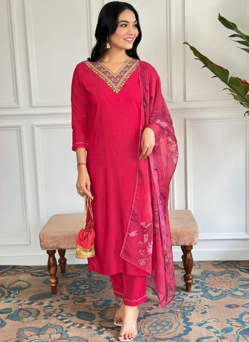 Hot Pink Embroidered Rayon Straight Kurta Set