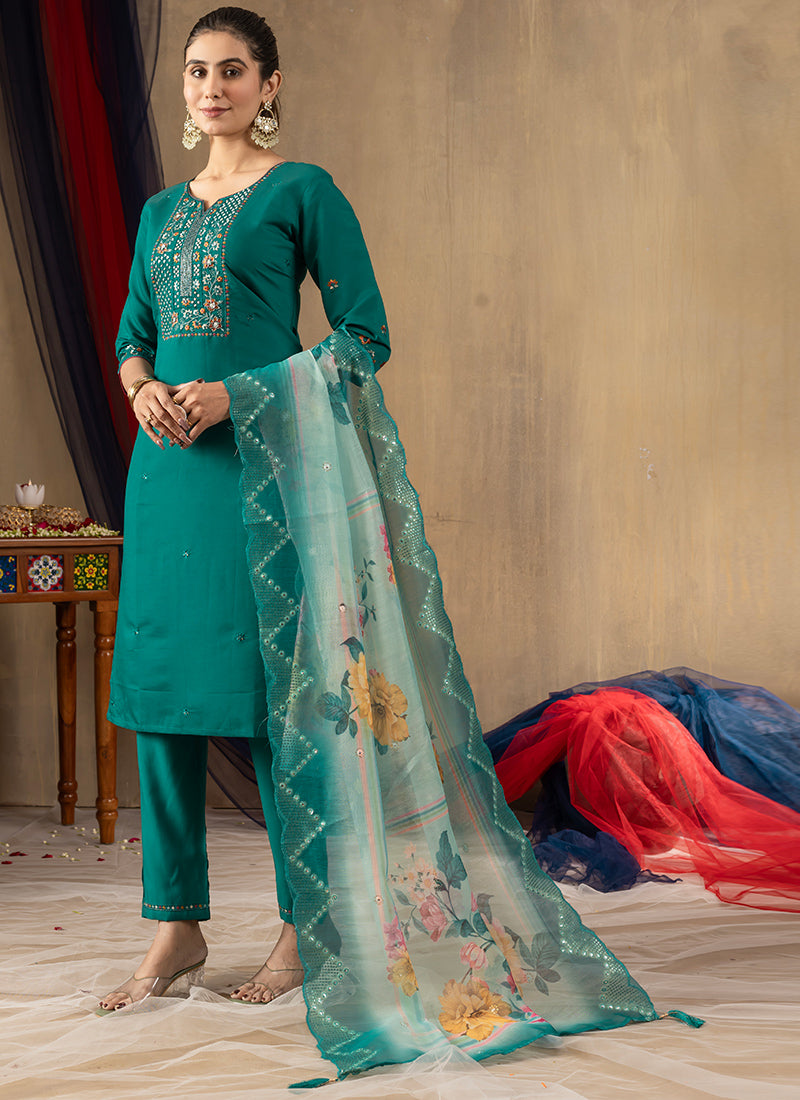 Roman Silk Teal Thread Work Salwar Set For Ceremonial