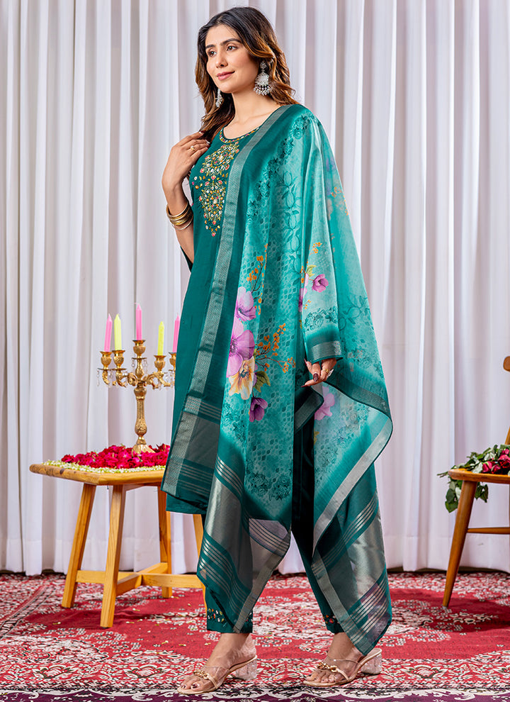 Green Viscose Silk Thread Work Festive Kurta Set