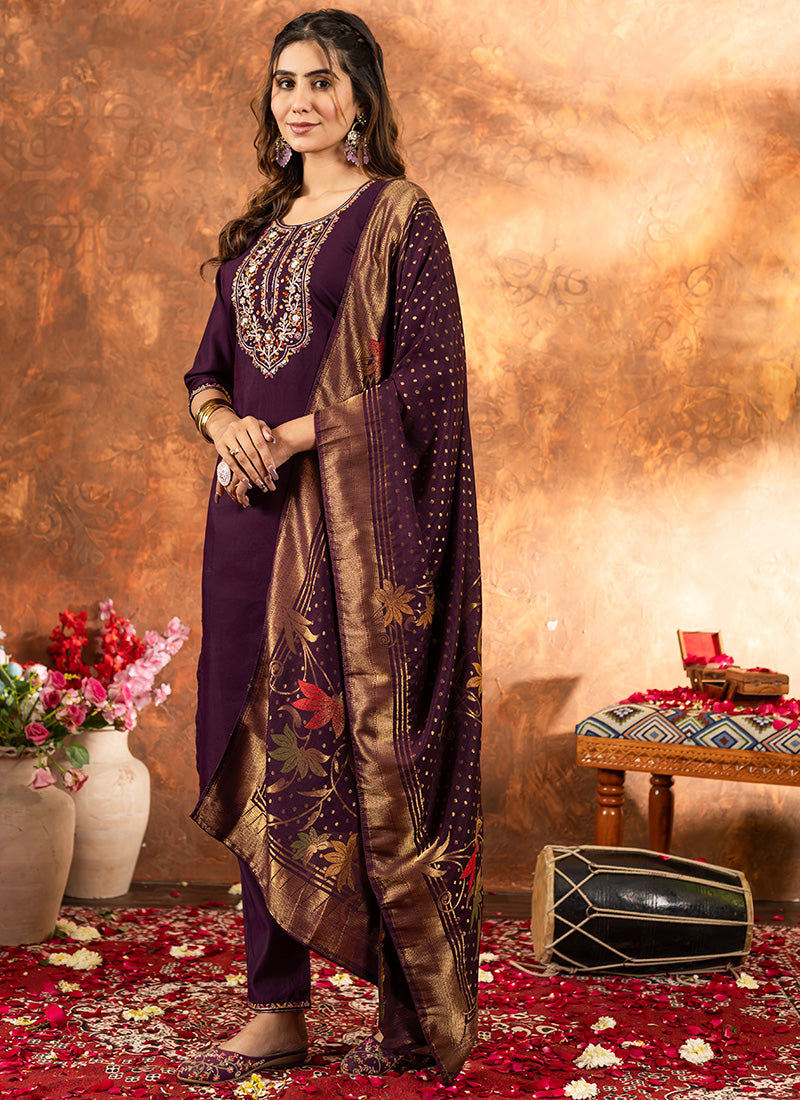 Wine Marian Silk Thread Work Kurta Set