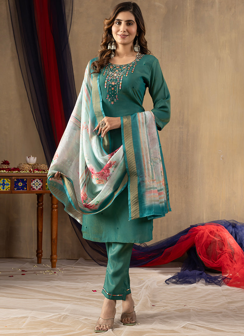 Rama Green Shimmer Silk Embroidered Kurta Set