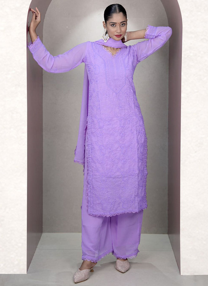 Lavender Georgette Chikankari Palazzo Style Kurta Set