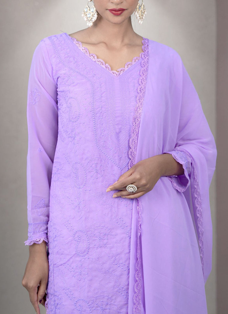 Lavender Georgette Chikankari Palazzo Style Kurta Set